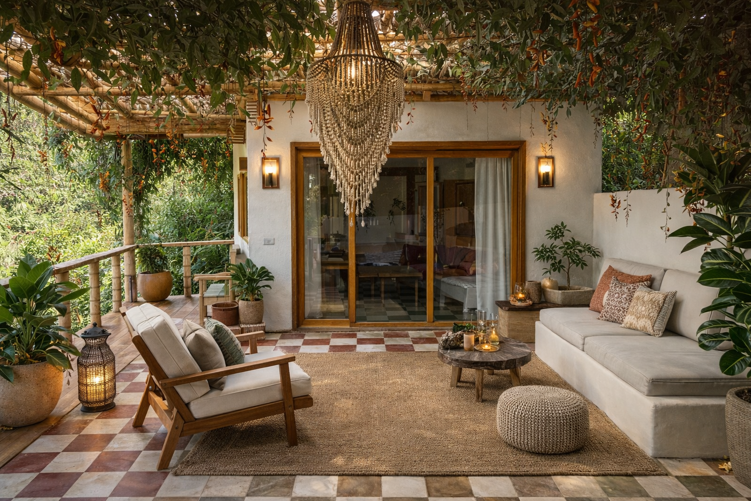 An Origen garden casita terrace surrounded by abundant plants