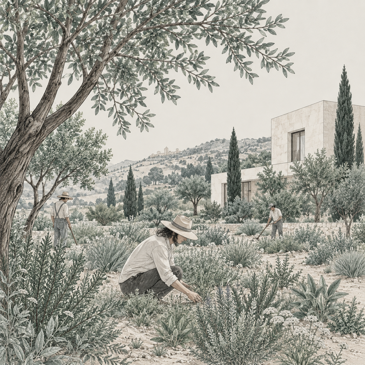 A sage green illustration of people tending a garden beneath a tree beside a contemporary stone building